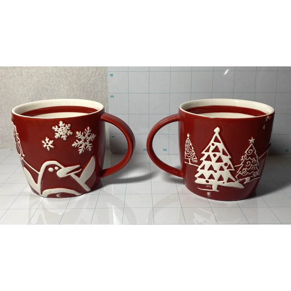 2 Starbucks Coffee Cups Mugs Penguin Tree 2007 Snow Winter Christmas Red White